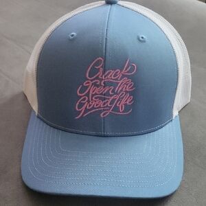 Casual Blue and White Hat with Pink Embroidery